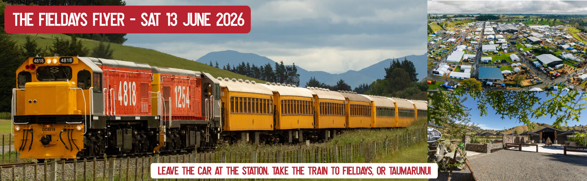 Leave the car at home and take the train to the National Feildays at Mystery Creek!