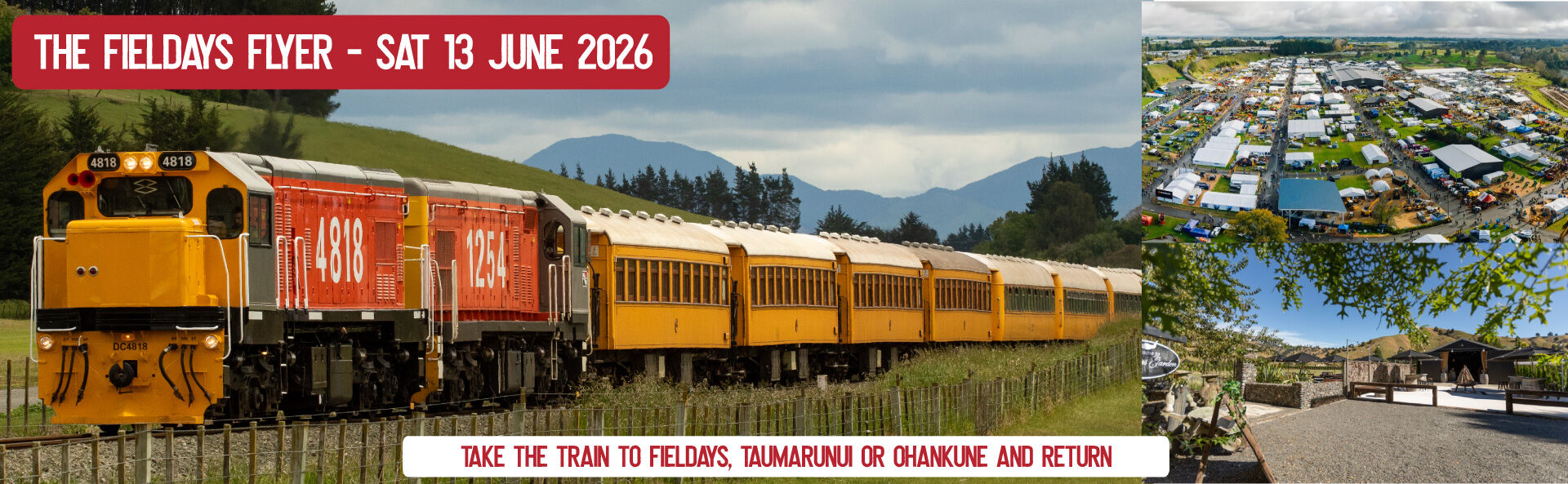 Leave the car at home and take the train to the National Feildays at Mystery Creek!