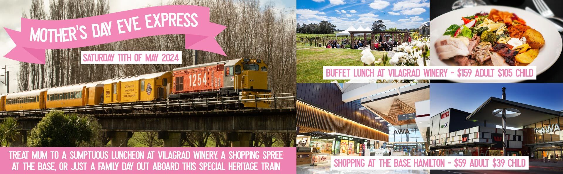 Treat mum to a sumptuous luncheon at Vilagrad Winery, a shopping spree at the Base, or just a family day out aboard this special heritage train journey from Waiuku/Glenbrook.