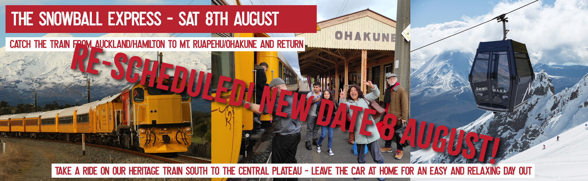 All aboard to the central plateau by train! Take a trip up the Sky Waka or take a trip to Ohakune for lunch - Departs Waiuku, Glenbrook, Pukekohe & Hamilton.